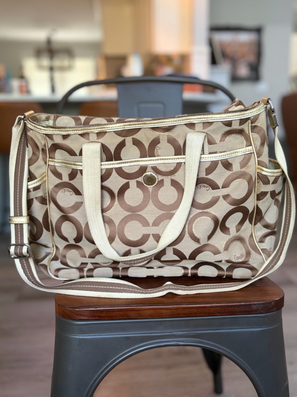 Coach Beige & Brown Signature Baby Bag with Crossbody Strap